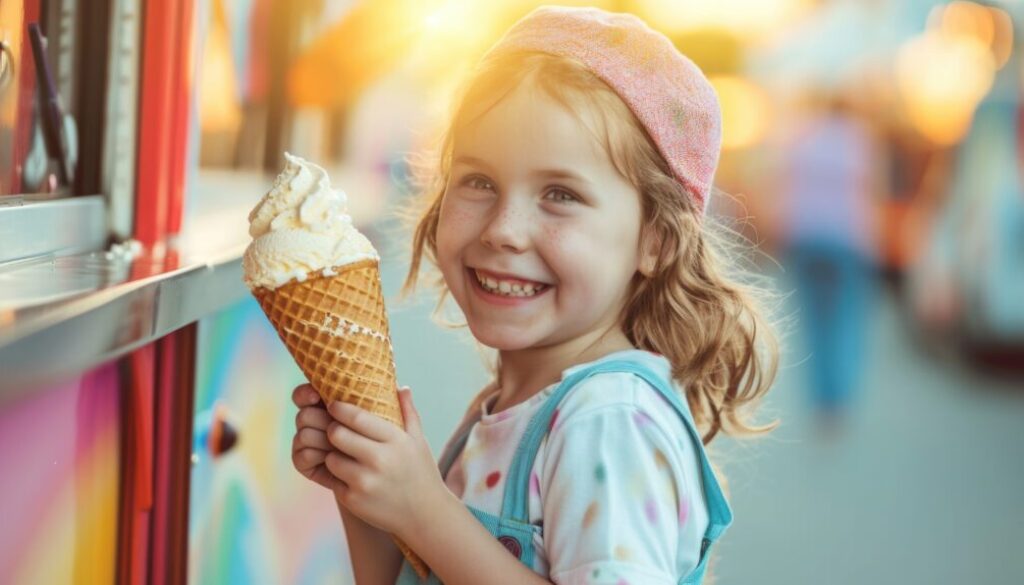 Smiling child in a sun hat holding a melting ice cream cone at a fairground.