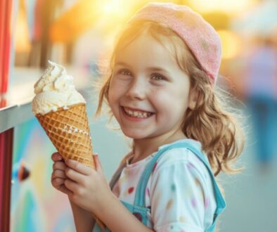 Smiling child in a sun hat holding a melting ice cream cone at a fairground.